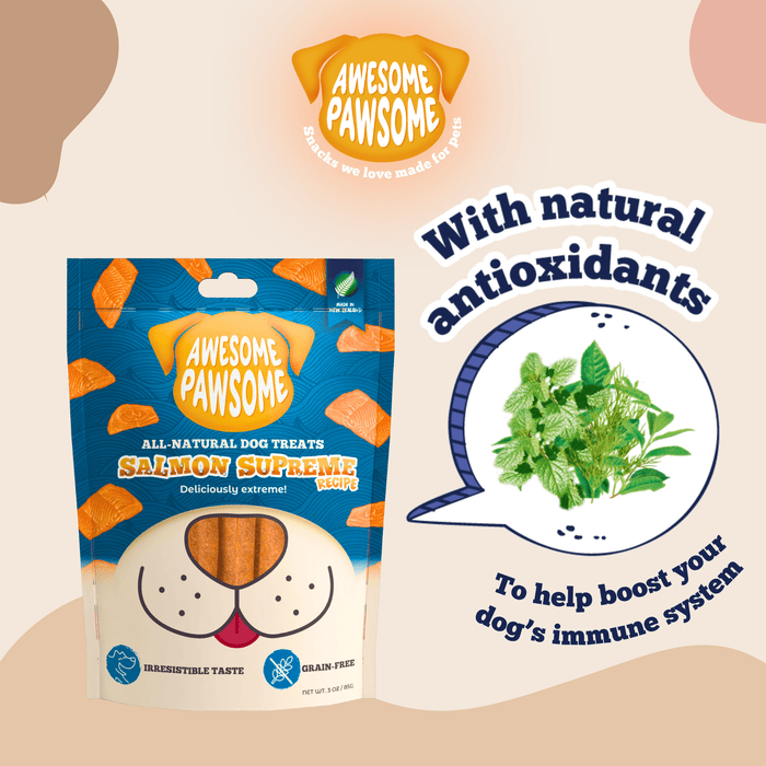 Kooky Kibble NZ Awesome Pawsome grain-free dog treats with natural ingredients and bone-shaped treats on a white background.