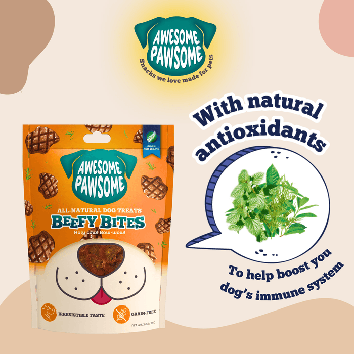 Kooky Kibble NZ Awesome Pawsome grain-free dog treats in a resealable bag, with dog treats visible inside.