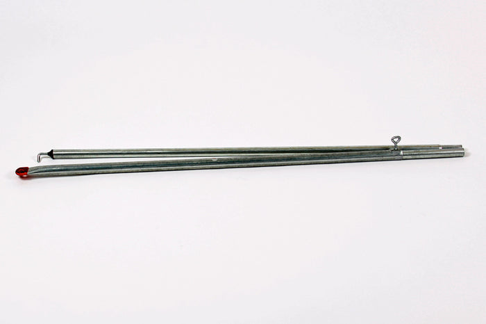 Set of two galvanized steel tent poles with hooks, featuring red and black end caps for secure attachment.
