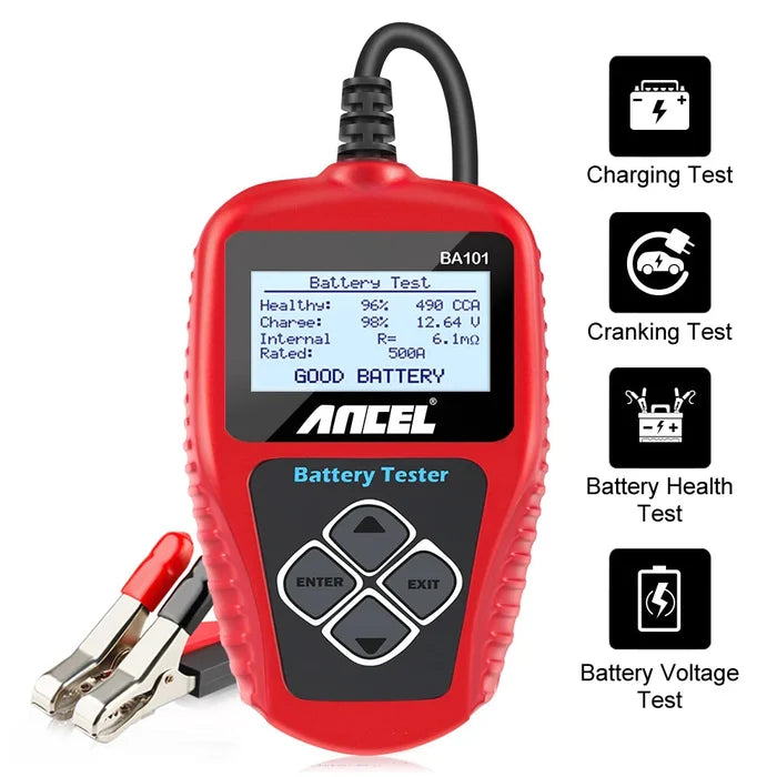Habicare BA101 Car Battery Tester HBC 12V load analyzer showing digital display and testing leads for CCA measurement