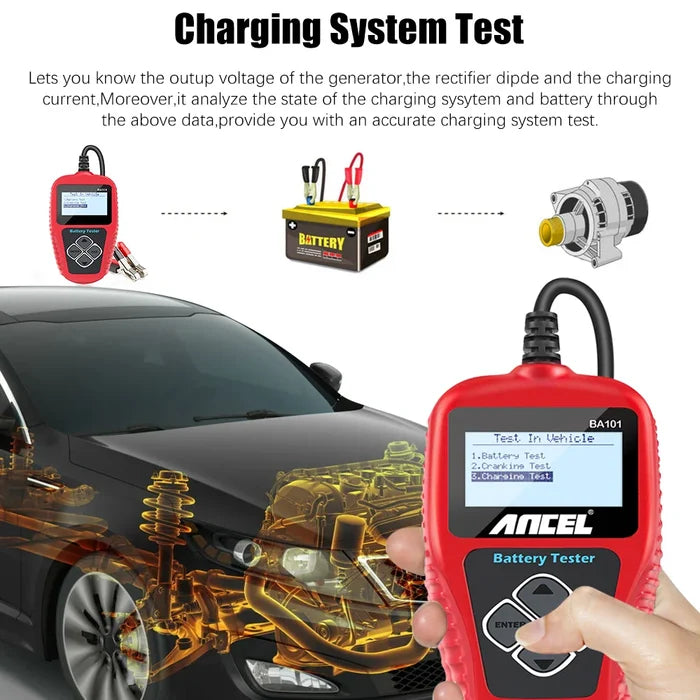 Habicare BA101 12V Car Battery Tester and Load Analyzer displaying digital screen with CCA readings in a close-up shot.