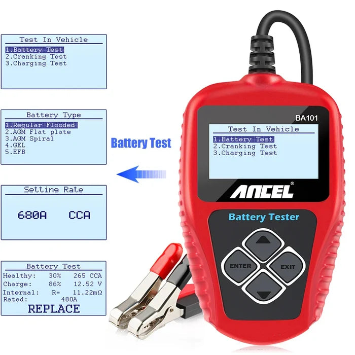 Habicare BA101 car battery tester with 12V load analyzer for 100–2000 CCA testing, HBC model, shown in the image.