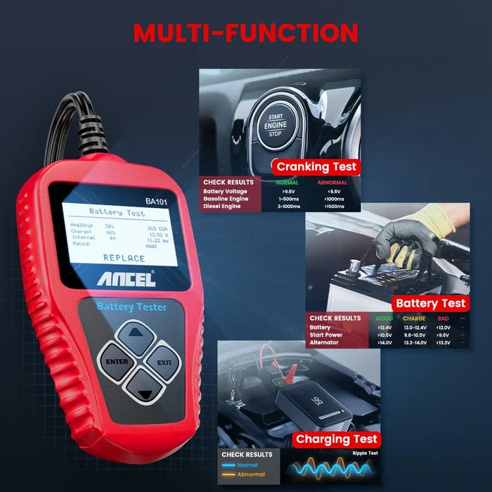 Habicare BA101 12V car battery tester with load analyzer showing digital display and cables for testing CCA capacity