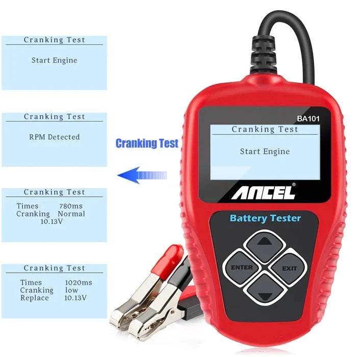 Habicare BA101 12V car battery tester and load analyzer showing digital display with CCA measurement for automotive batteries.