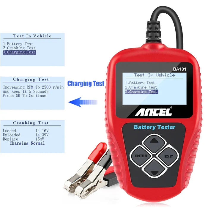 Habicare BA101 12V Car Battery Tester and Load Analyzer showing digital display and testing probes for CCA assessment.