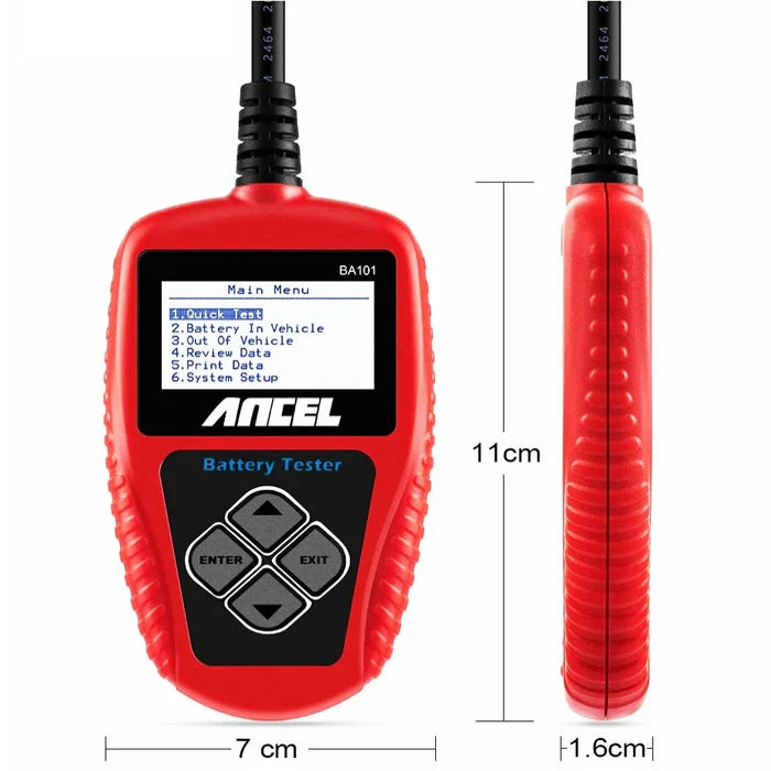 HBC Habicare BA101 12V car battery tester and load analyzer showing digital display with battery voltage and CCA readings