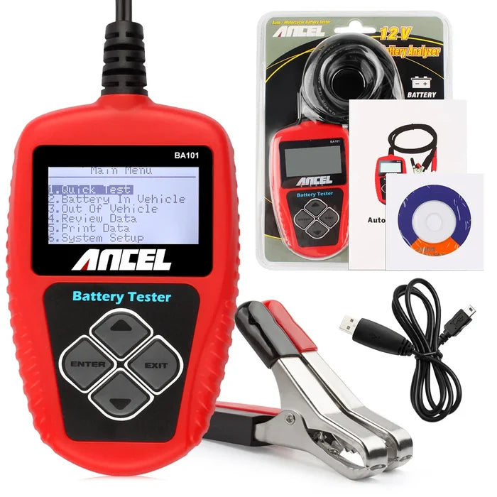 Habicare BA101 12V Car Battery Tester with HBC load analyzer showing digital display and testing terminals.
