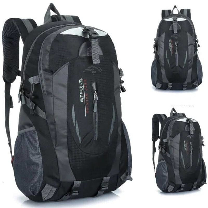 Black and grey 9eight5 backpack with multiple compartments and padded straps, designed for everyday use and travel.