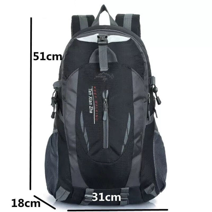 Black and grey waterproof backpack by 9eight5 with multiple compartments and padded straps for comfortable carrying.