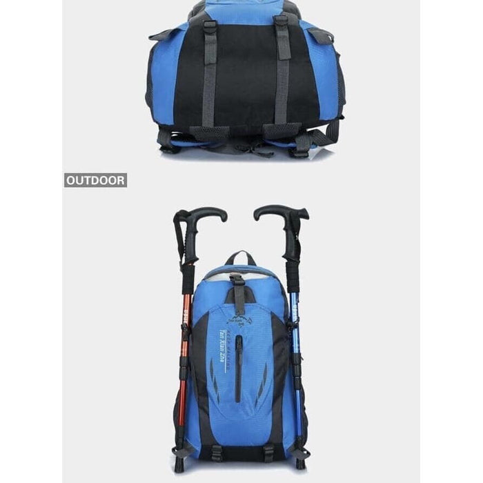 Black and grey 9eight5 outdoor sports backpack with multiple compartments and padded straps for comfortable carrying.