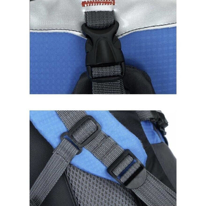 Close-up of a black and grey 9eight5 backpack showing padded shoulder straps and durable fabric.