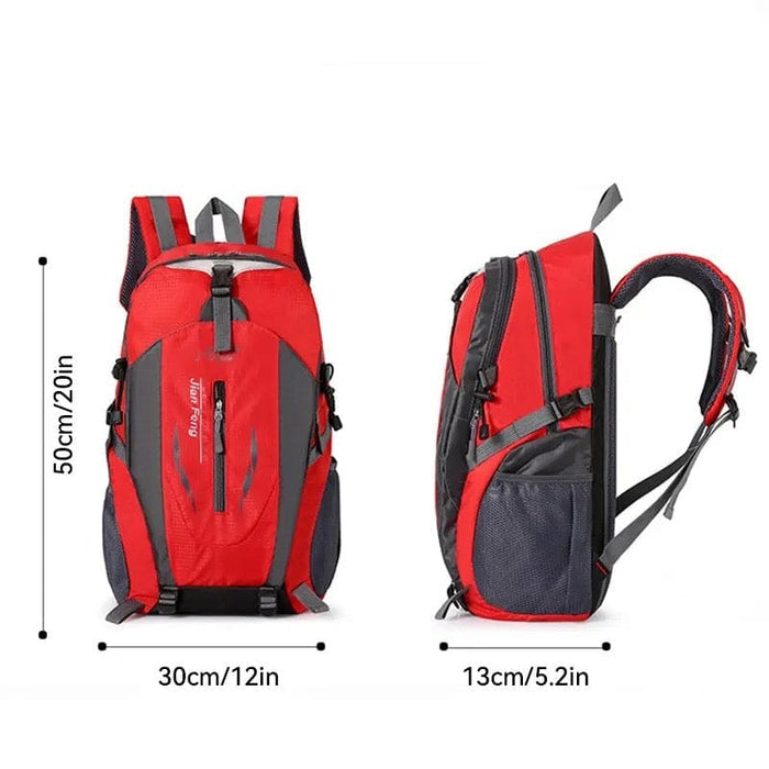 Red and black 9eight5 backpack with multiple compartments and adjustable straps, designed for versatile everyday use.