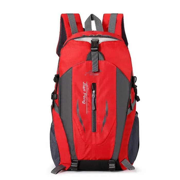 Red and black 9eight5 backpack with multiple compartments and padded straps, designed for comfortable everyday use.