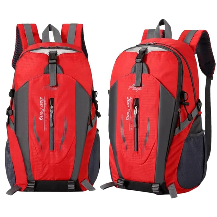 Red and black 9eight5 backpack with adjustable straps and multiple compartments, shown from the front view.
