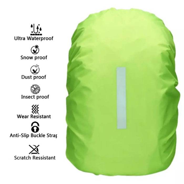 Luminous yellow waterproof backpack cover by 9eight5 protecting a backpack from rain and moisture.