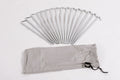 Set of 12 metal tent stakes with carrying bag, durable and rust-resistant for outdoor use.