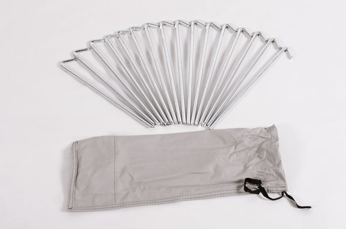 Set of 12 metal tent stakes with carrying bag, durable and rust-resistant for outdoor use.