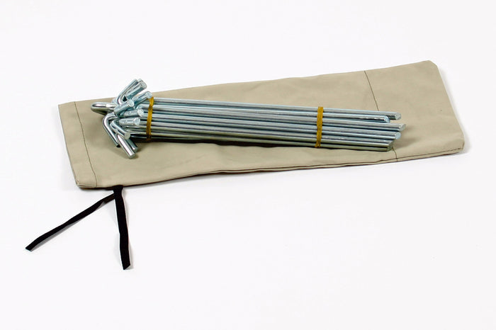Set of durable steel tent stakes with carrying case, ideal for camping and outdoor adventures.