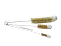 A set of bottle brushes with wooden handles and beige bristles, laid out on a white surface.