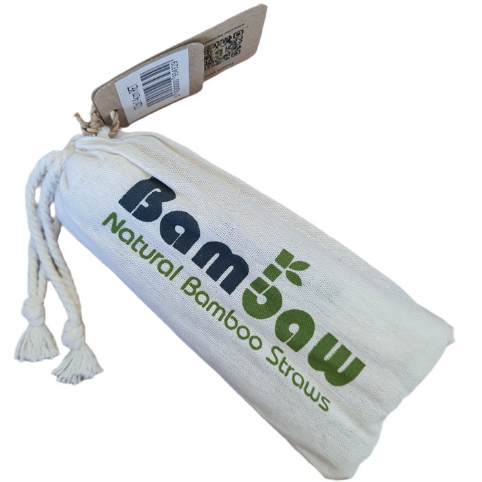 A bundle of natural bamboo straws packaged in a white drawstring bag with the brand name 'BamJaw' printed on it.