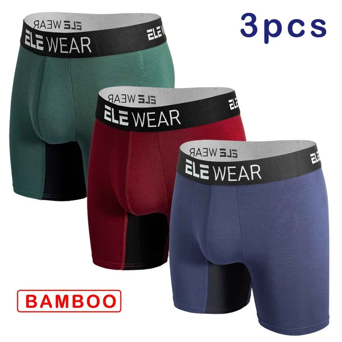 Bamboo men's sports underwear, moisture-wicking long boxer briefs for men, shown in dark color with elastic waistband.