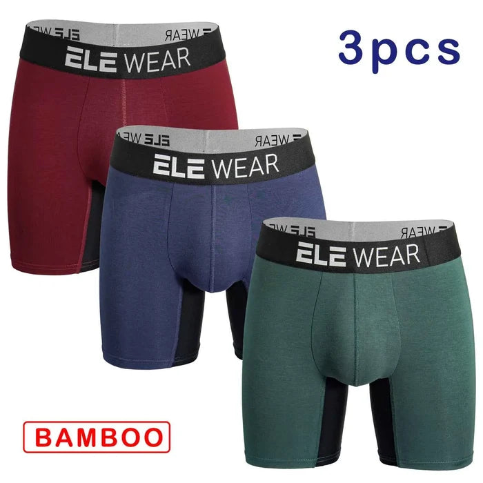 Bamboo men's sports underwear, moisture-wicking boxer briefs designed for comfort and active wear, shown in black fabric.