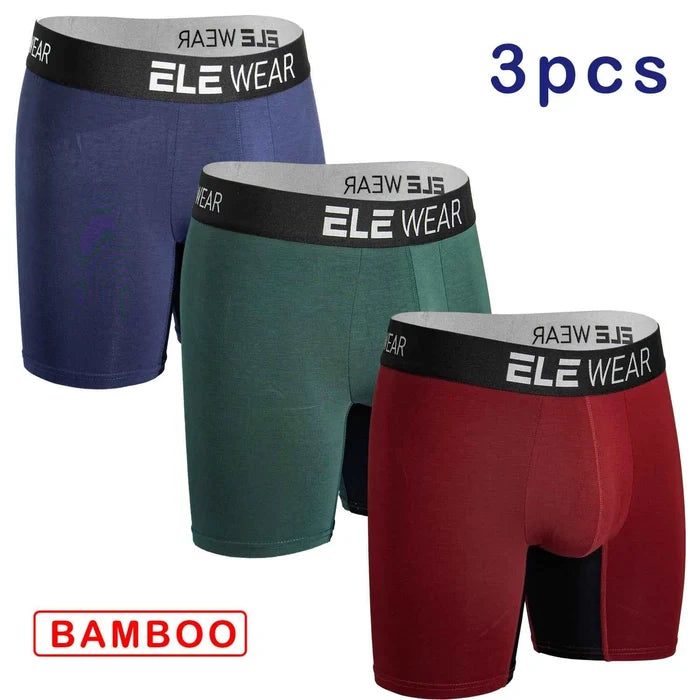 Bamboo men's sports underwear, moisture-wicking boxer briefs for men, shown in black with a snug fit and elastic waistband.