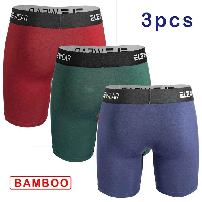 Bamboo men's sports underwear, moisture-wicking long boxer briefs with supportive fit, designed for active wear and comfort