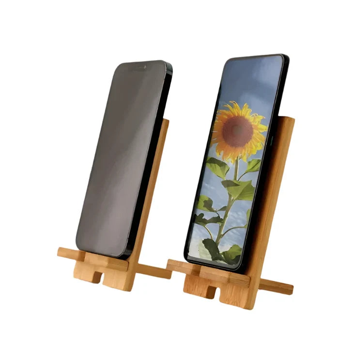 Habicare 9eight5 bamboo phone stand displaying a sleek, eco-friendly design for hands-free phone use on a flat surface.