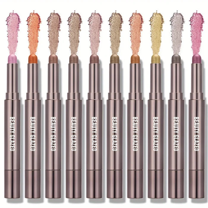 Set of 10 colorful Beauty Glazed eyeshadow sticks in a variety of shades, ideal for creating versatile eye makeup looks.