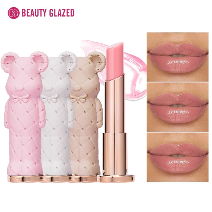 Beauty Glazed Bear Moisturising Lipstick from ShopHub NZ, showing a close-up of the makeup lipstick with cute bear packaging.