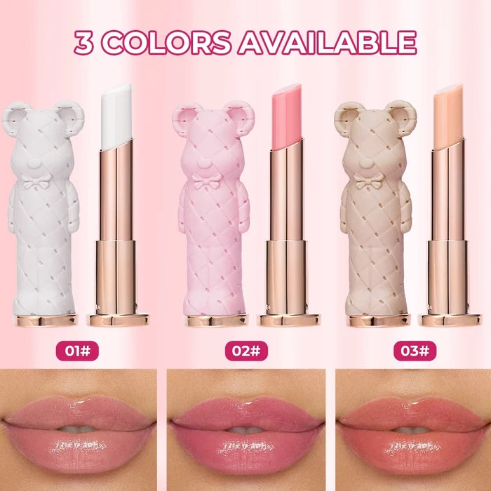 Beauty Glazed Bear Moisturising Lipstick in makeup compact with bear design, featuring soft, nourishing lipstick shades.
