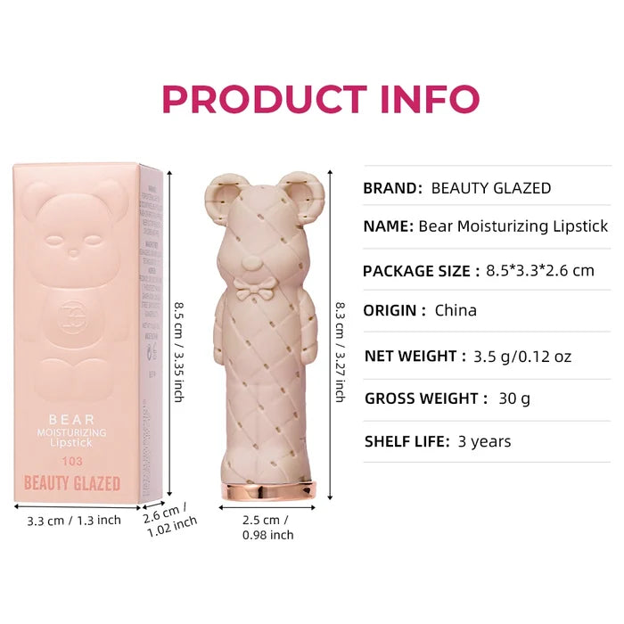 Beauty Glazed Bear Moisturising Lipstick in soft pink shade, showcasing smooth, creamy texture and cute bear packaging.