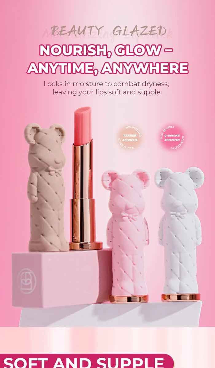 Beauty Glazed Bear Moisturising Lipstick in makeup compact with a cute bear design and soft, moisturizing formula.