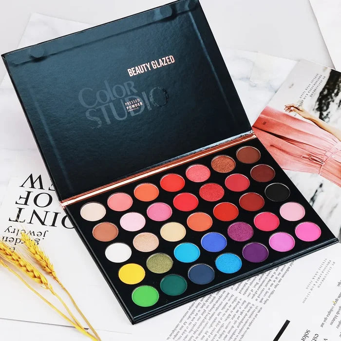 Beauty Glazed 35-color eyeshadow palette featuring a variety of vibrant and neutral shades for versatile makeup looks.