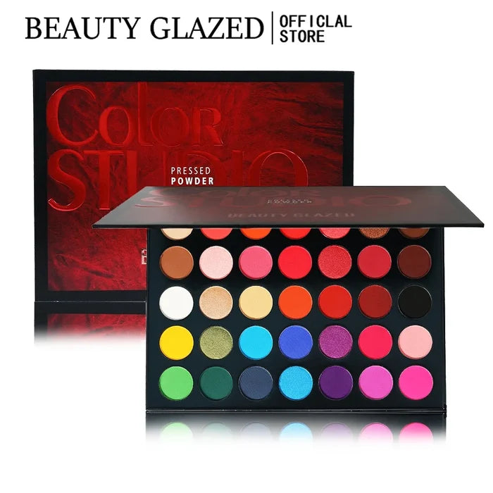 Beauty Glazed 35-color eyeshadow palette featuring vibrant and neutral shades for versatile makeup looks.