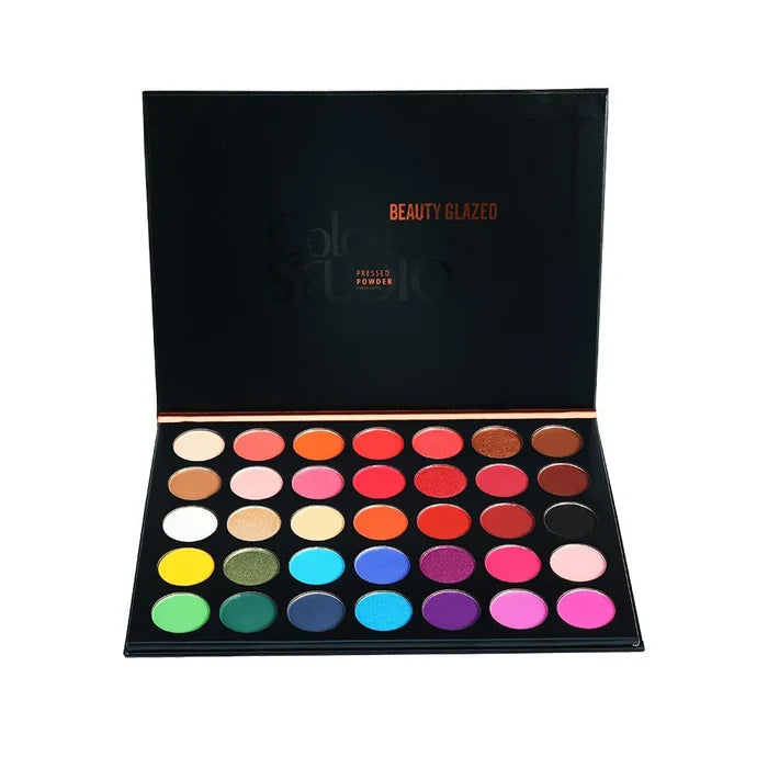 Beauty Glazed 35-color eyeshadow palette with vibrant and neutral shades for versatile makeup looks.