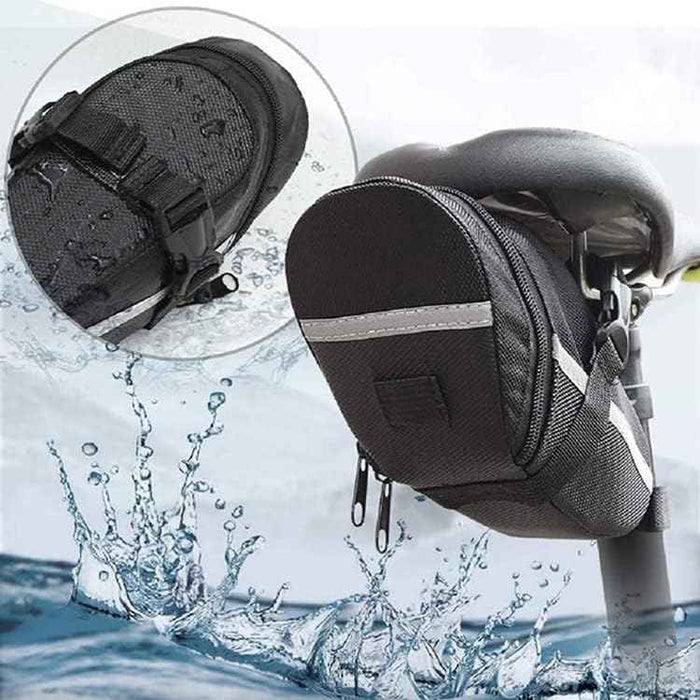 ECOTREK bicycle saddle bag attached to bike seat, lightweight velcro cycling accessory for MTB, road, and E-bike storage.