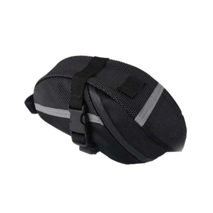 ECOTREK bicycle saddle bag attached to a bike seat, lightweight velcro strap, cycling accessory for MTB, road, and e-bikes.