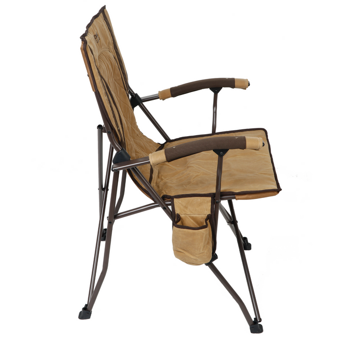 Durable camping chair in brown with padded armrests and side pocket for storage.