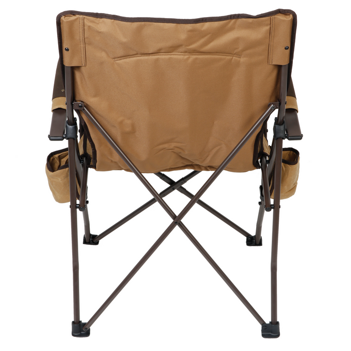 Brown folding camping chair with durable fabric, sturdy frame, and side pocket for convenience.