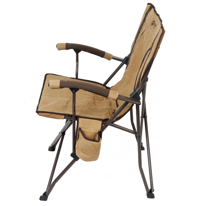 Comfortable folding chair in tan and brown, made with durable fabric and featuring cup holder and armrests.