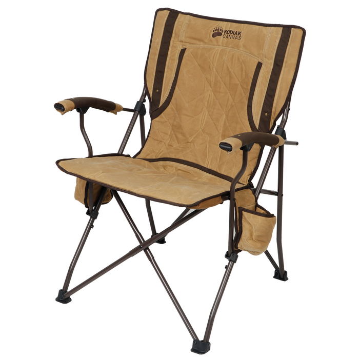 Comfortable Kodiak Canvas folding chair in tan and brown, durable fabric with cup holder.