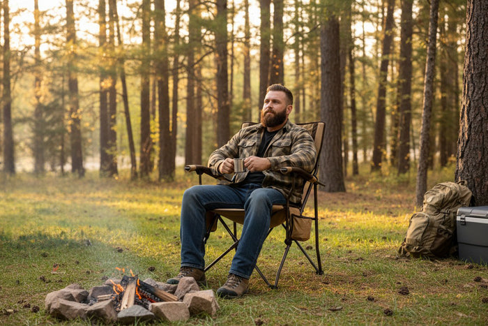 Man relaxing on a camping chair, wearing a plaid shirt, by a campfire in a forest setting.
