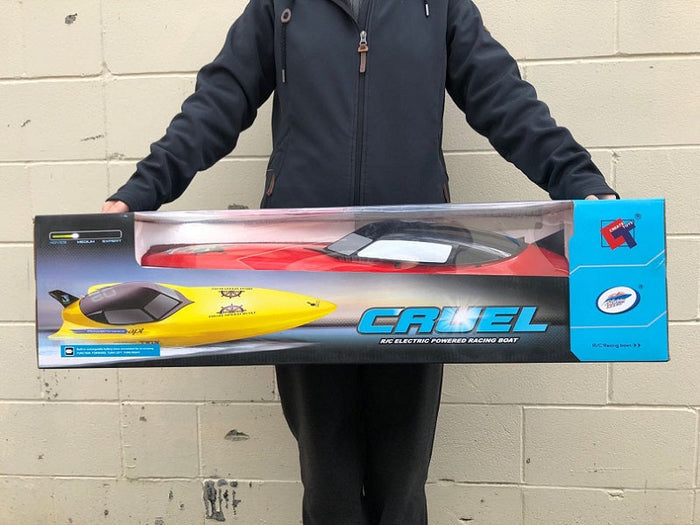 Large 74cm red RC racing boat by dealonline.co.nz, high-powered speedboat with sleek design for remote control racing.