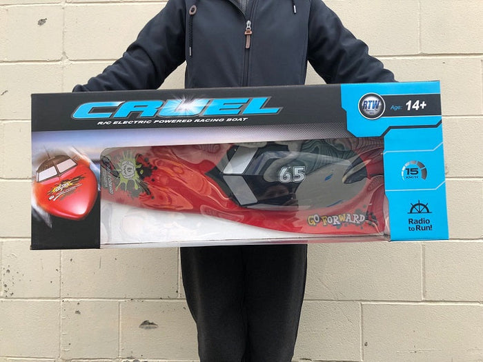 Large 74cm high-powered RC racing boat by dealonlinenz, sleek design, bright colors, and detailed hull visible in the image.