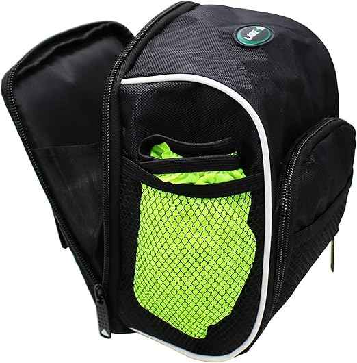 ECOTREK bike seat saddle bag with rain cover, multifunctional cycling accessory showing six-pocket storage and waterproof design.