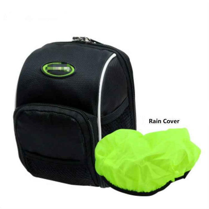 ECOTREK bike saddle bag with rain cover, multifunctional cycling accessory featuring six pockets for storage.