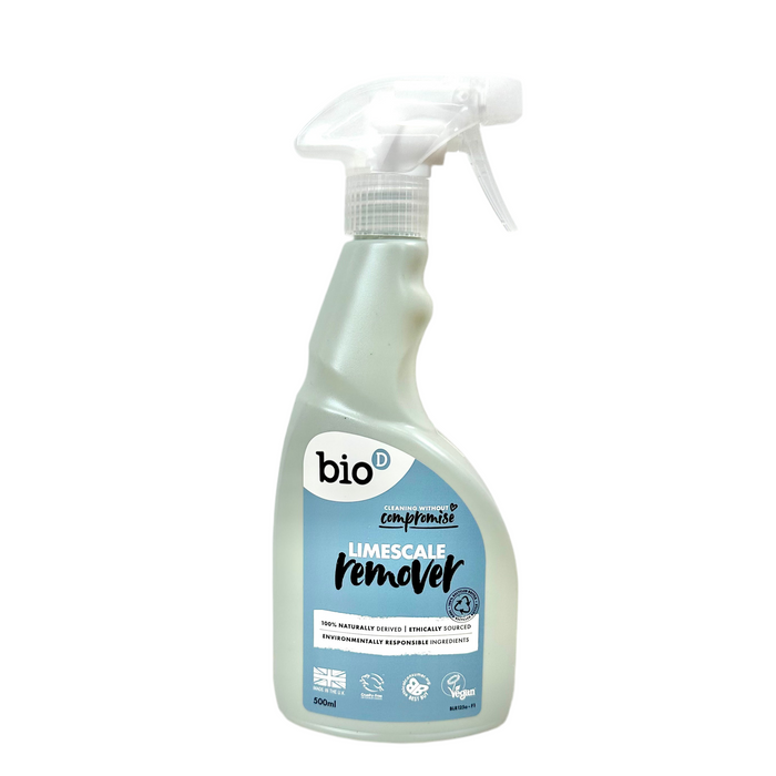 Bottle of bio-d limescale remover on a white background