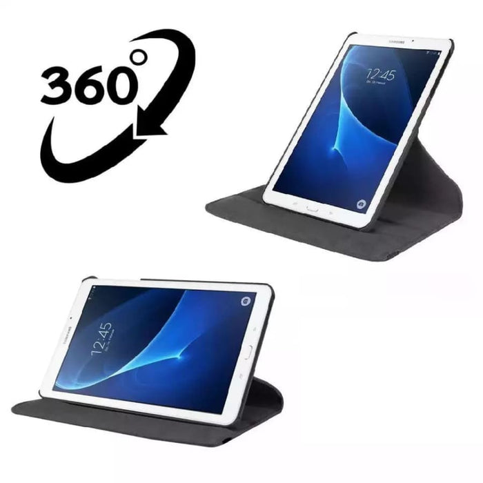 Black protective cover for Samsung Galaxy Tab A 8.0” (2015) T350, made by 9eight5, shown on tablet with open and closed views.